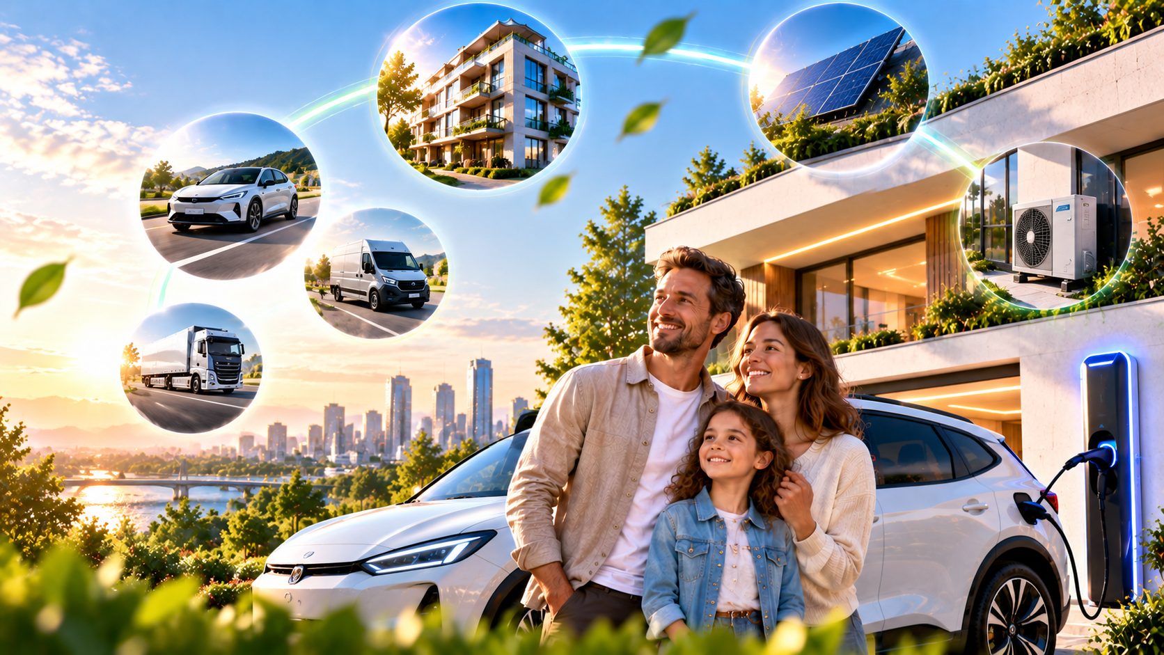 Famille devant sa maison avec un véhicule électrique en recharge, entourée des projets finançables : voitures, utilitaires, poids lourds, logements, panneaux solaires et pompes à chaleur