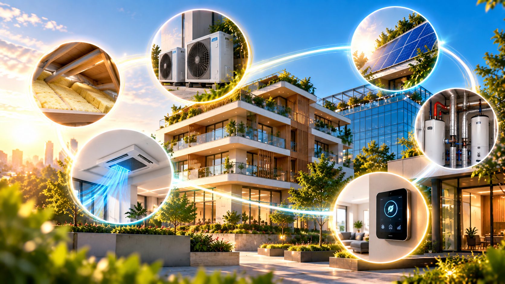 Immeubles résidentiel et tertiaire reliés aux équipements finançables : isolation des combles, pompes à chaleur, panneaux solaires, climatisation, eau chaude sanitaire et thermostat connecté