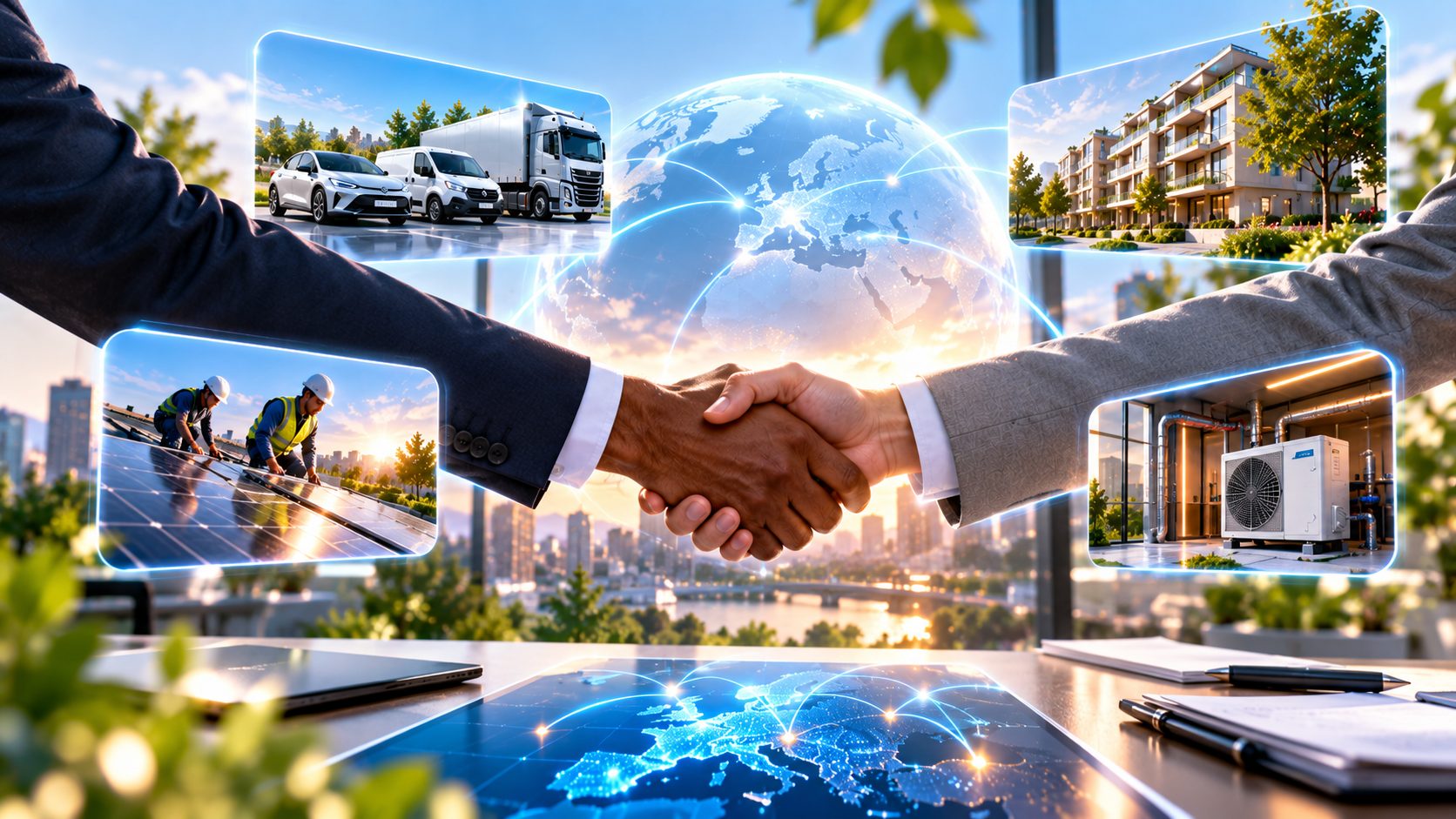 Poignée de main entre partenaires devant une carte de l'Europe, avec des projets de véhicules, de logements, de pose de panneaux solaires et de pompes à chaleur